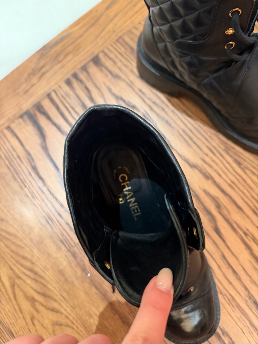 CHANEL Black Quilted Leather Lace-Up Boots with Gold CC Accent - Picture 3 of 5